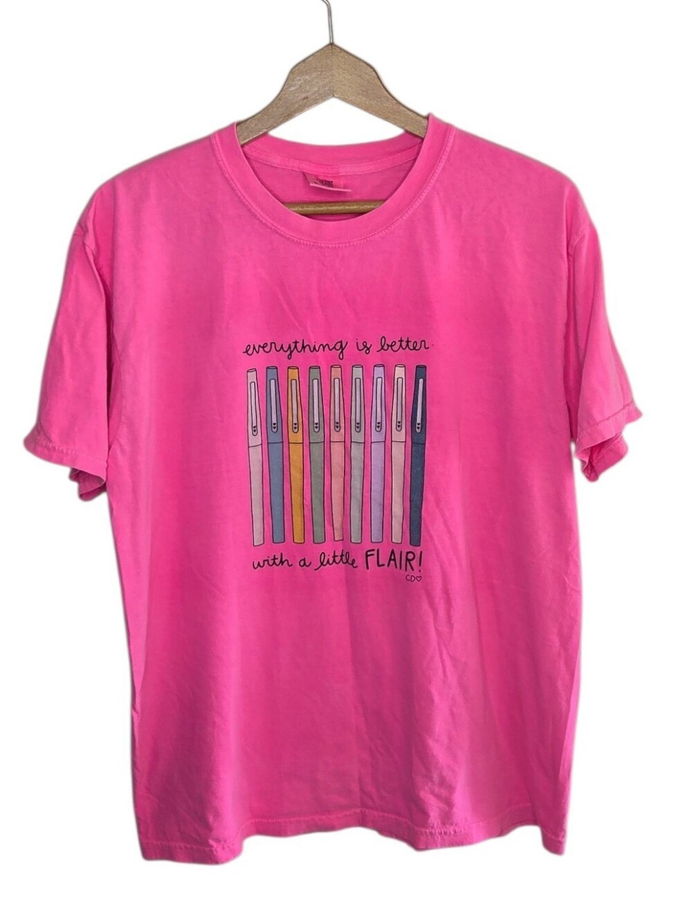 Comfort Colors Bright Pink Short Sleeve Flair Graphic Tee Size Large 100% Cotton